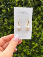 Gold Pearl Huggie Hoops- Large Pearl