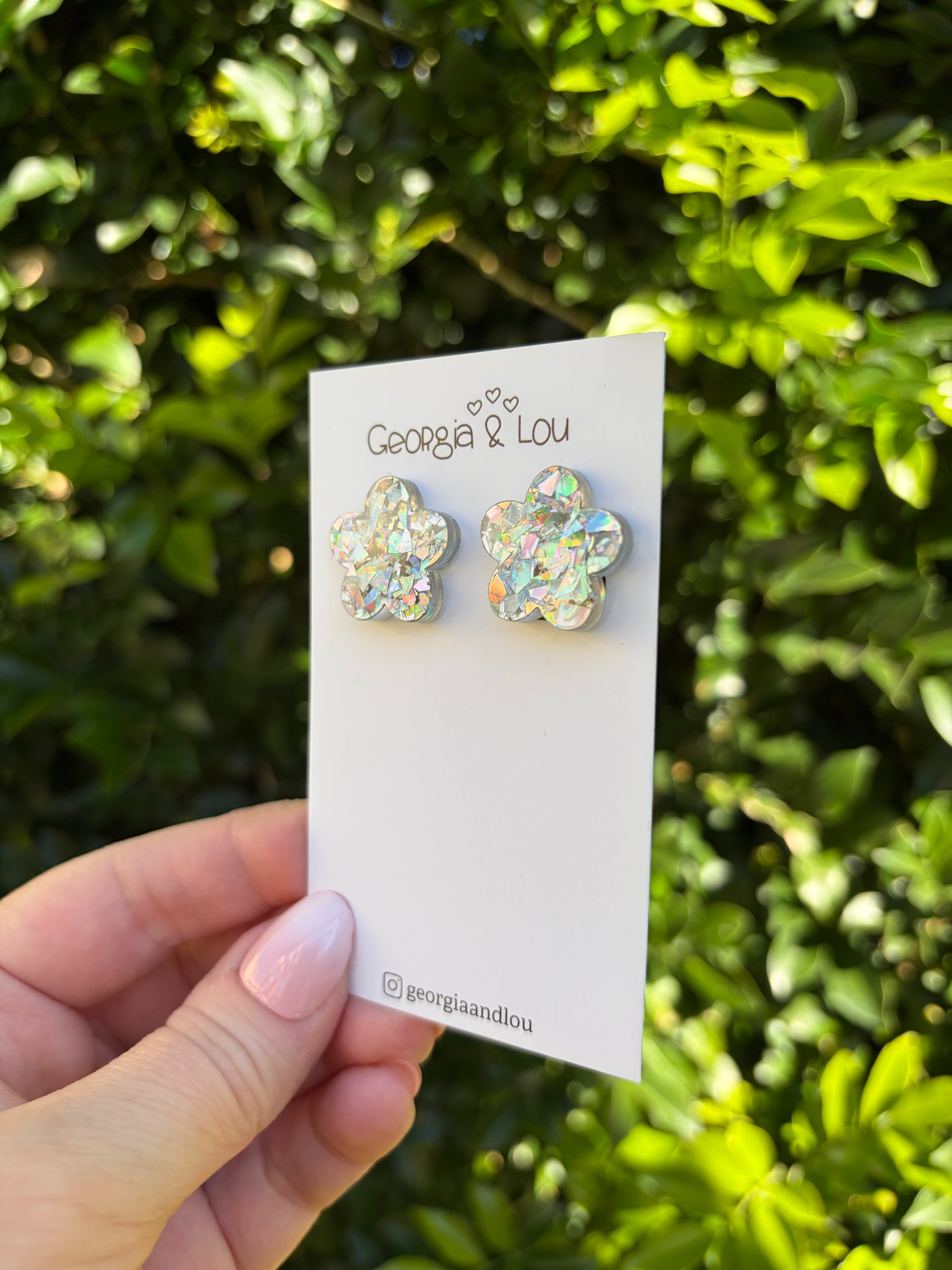 Glitter Flower Stud Clip On Earrings